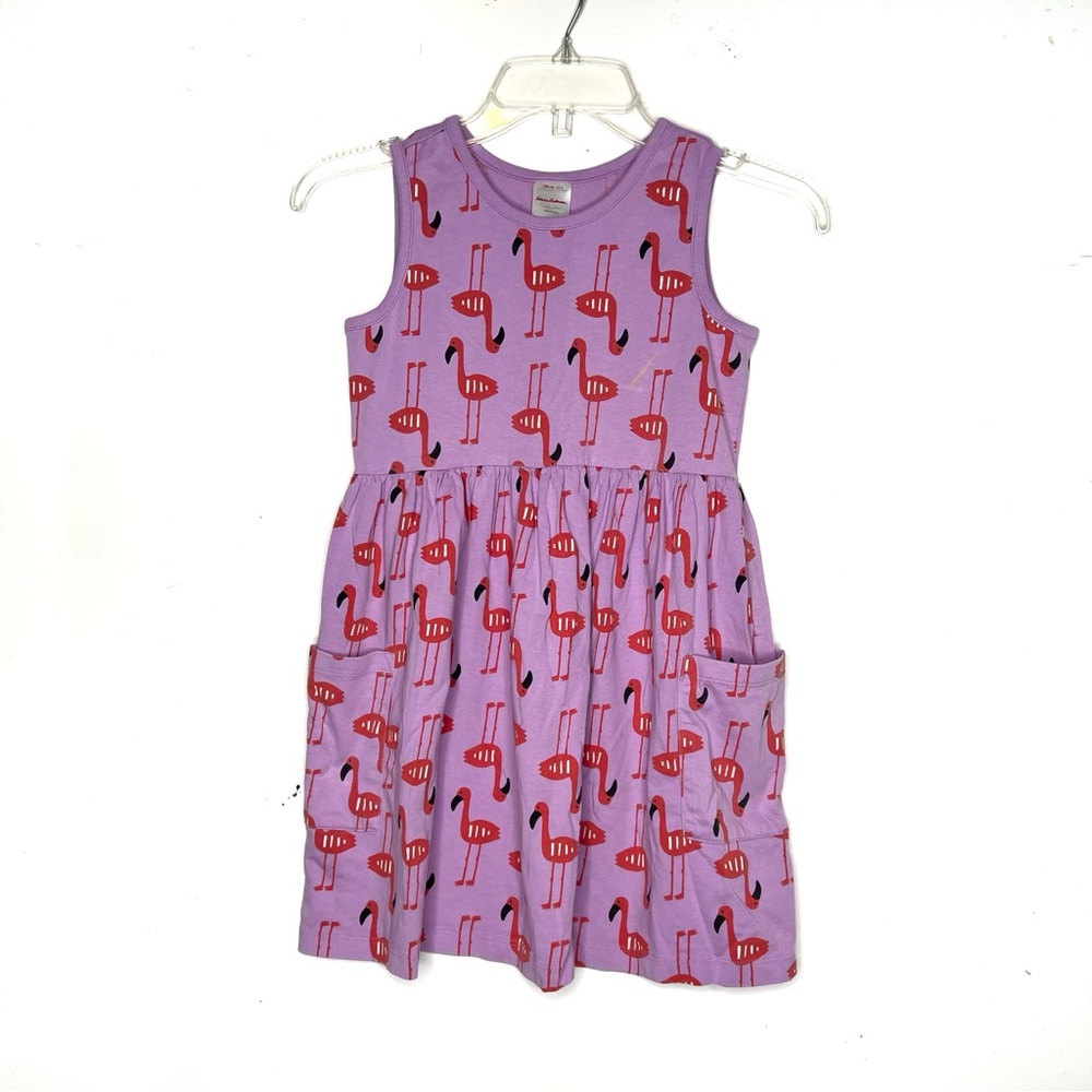 Hanna Andersson Girls Flamingo Dress Sz 8 Purple Pink Cotton Sleeveless Pockets